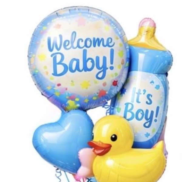 Baby shower balloon bouquet with "Welcome Baby!" and a duck balloon