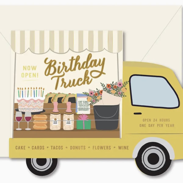 Birthday truck greeting card with cake, wine, gifts, and flowers