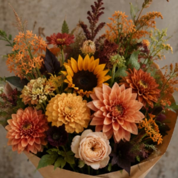 Bouquet of orange, peach, and yellow flowers wrapped in brown paper