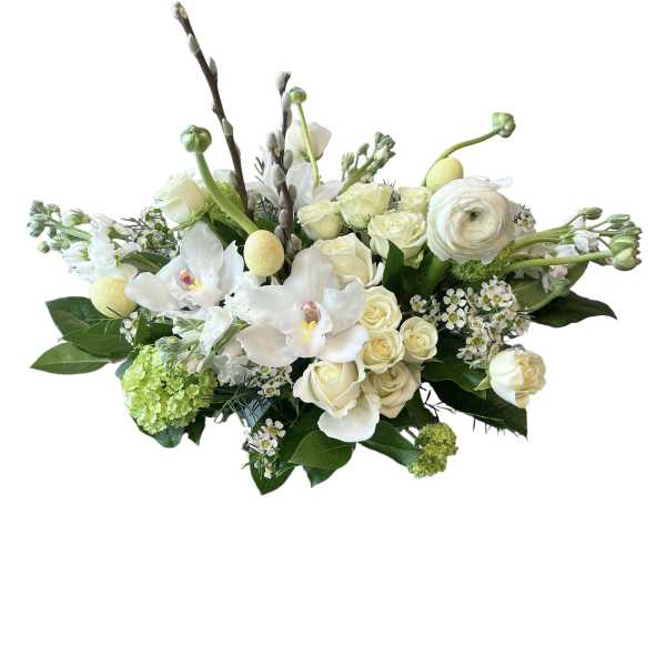 White floral arrangement with roses and orchids