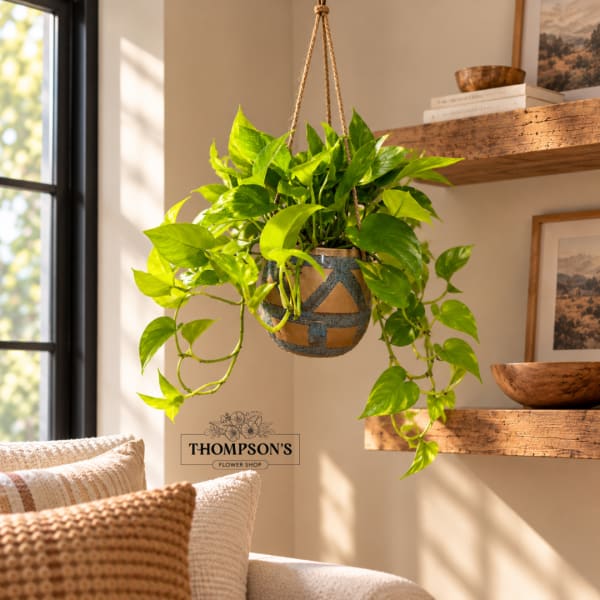 Hanging potted plant with bright green trailing leaves in a decorative pot