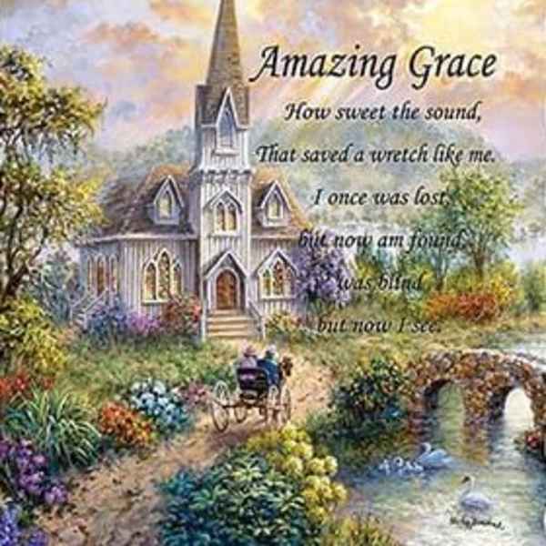 Painting of a church with the words Amazing Grace over a garden scene