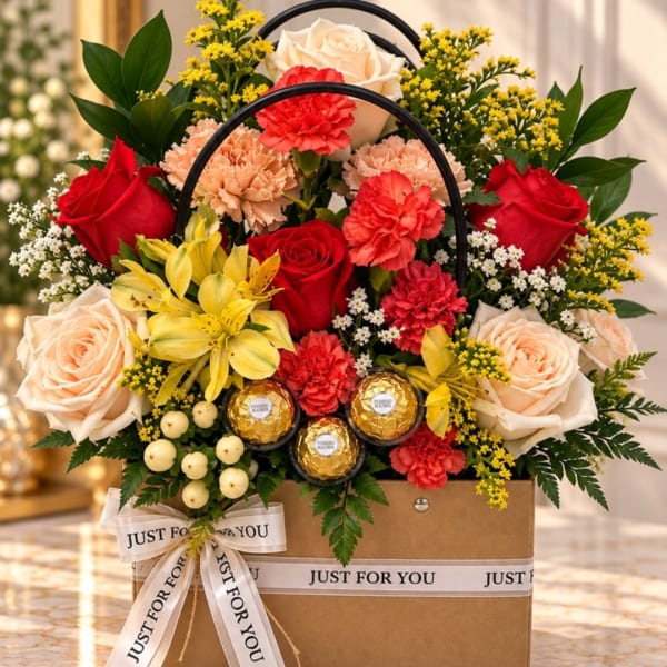 Mixed bouquet in a gift box with roses, carnations, lilies, and chocolates