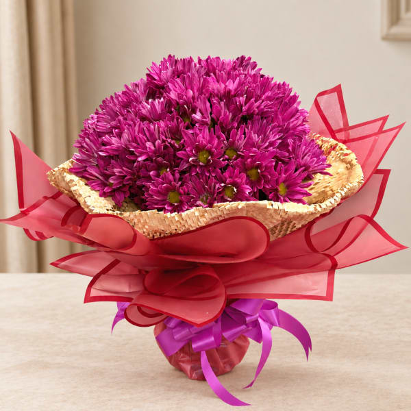 Bouquet of bright purple daisies wrapped in red ribbon and straw paper