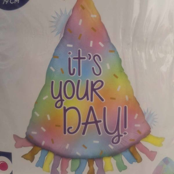 Rainbow party hat balloon with "it's your day!" text
