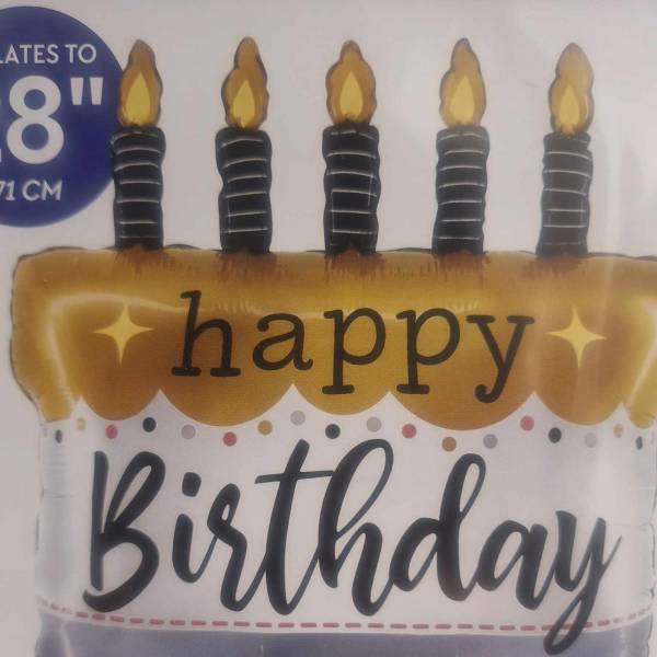 Birthday cake-shaped balloon with five candles and "happy birthday" text