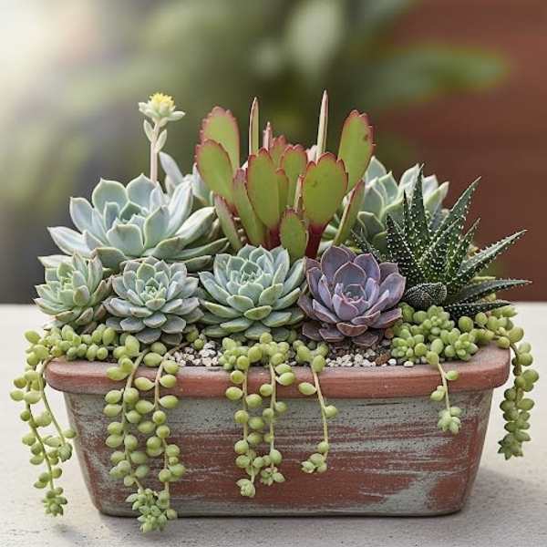 Succulent arrangement in a rectangular terracotta planter