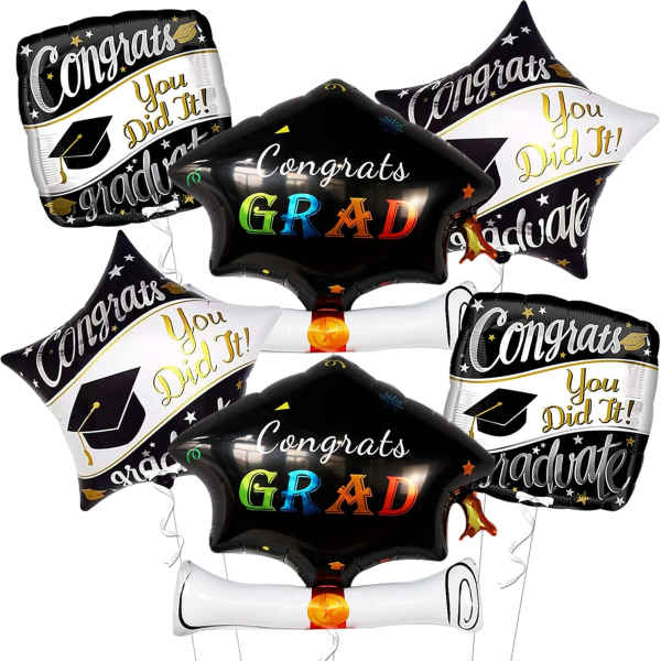 Graduation-themed balloons with "Congrats" and "You Did It!" text