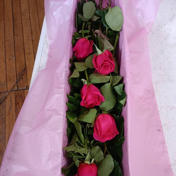 Long bouquet of hot pink roses wrapped in pink paper
