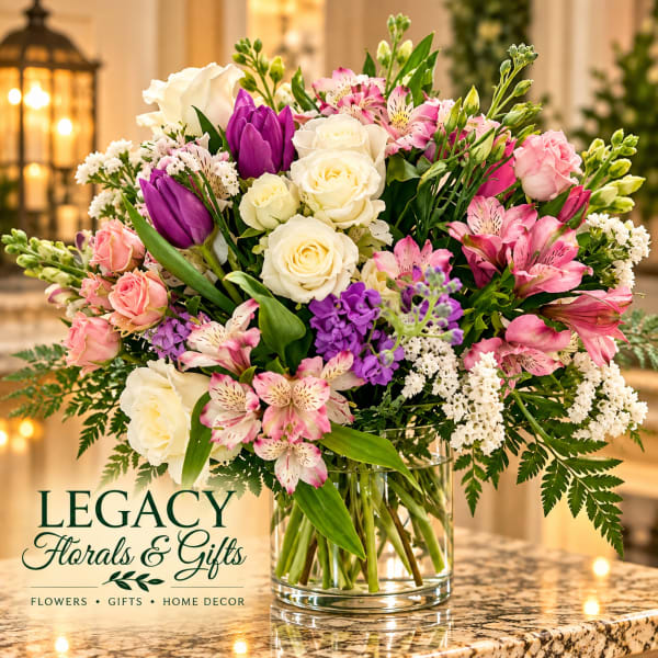 Mixed bouquet of roses, tulips, and pink lilies in a glass vase