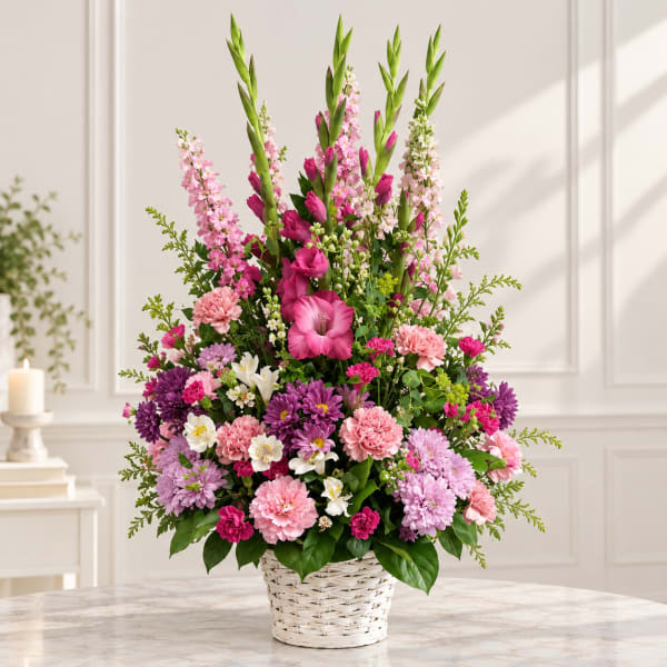 Tall pink and purple flower arrangement in a white basket vase