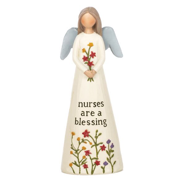 Angel figurine holding flowers with "nurses are a blessing" text