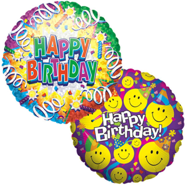 Two colorful birthday balloons with smiley faces and "Happy Birthday" text