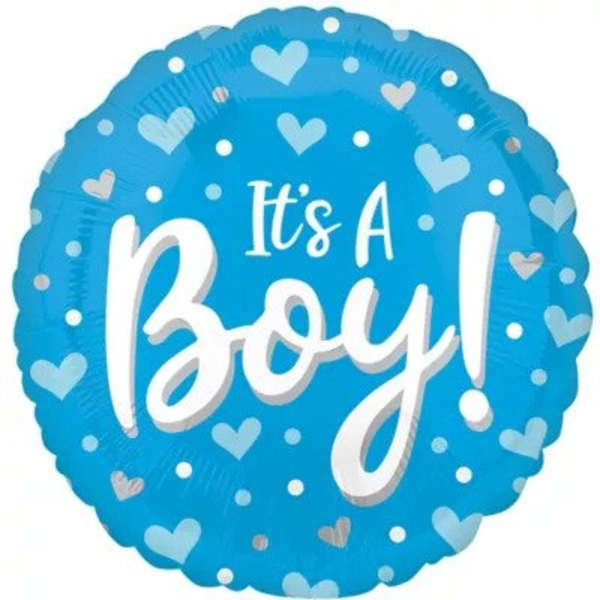 Blue balloon with hearts and the words "It's A Boy!"
