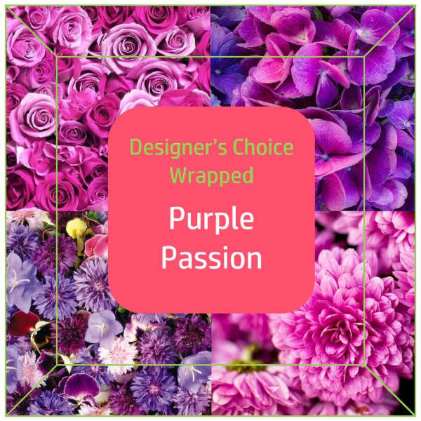Purple flower collage with "Designer’s Choice Wrapped Purple Passion" text