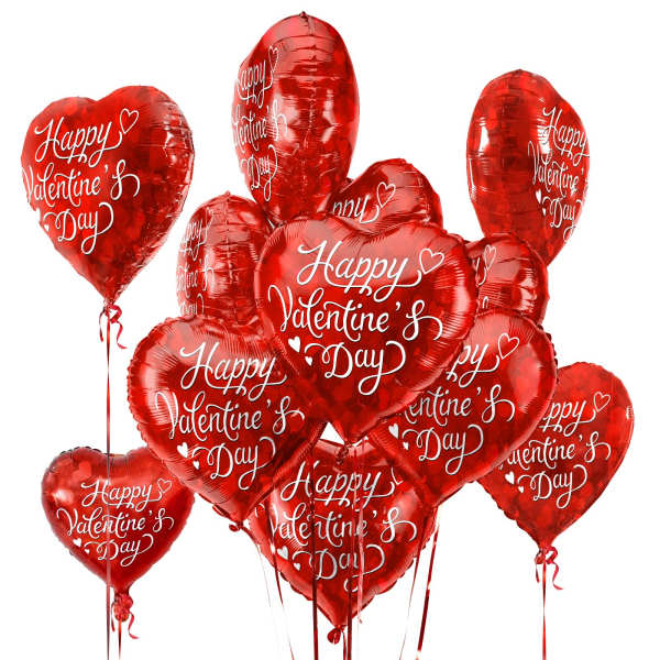 Cluster of red heart-shaped balloons with Happy Valentine’s Day text