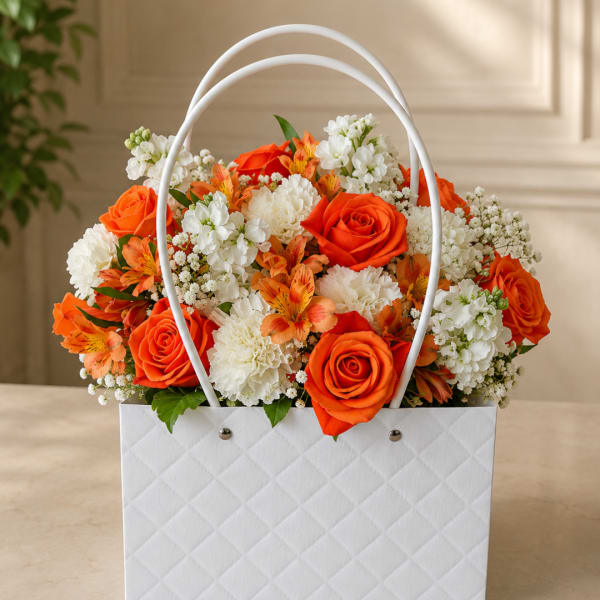 Orange and white flower arrangement in a white gift bag