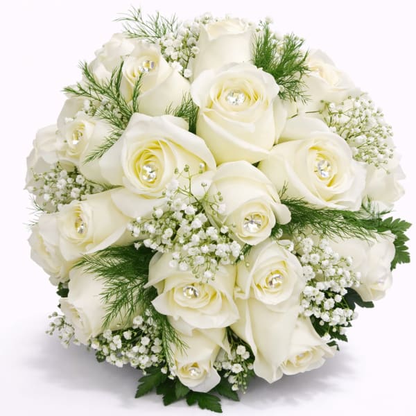 Bouquet of white roses with baby's breath and greenery