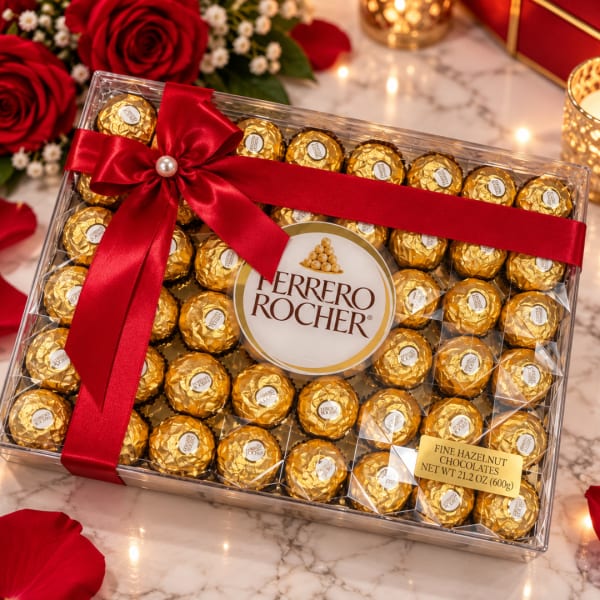 Box of Ferrero Rocher chocolates tied with a red ribbon