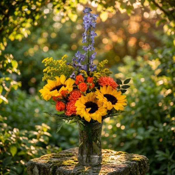 Sunflower bouquet with orange blooms in a clear glass vase