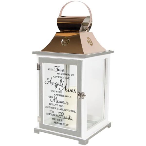 White memorial lantern with a printed sympathy message and metal top