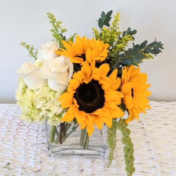 Sunflowers and white roses in a clear glass vase