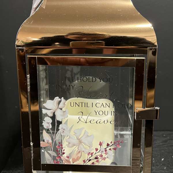 Gold lantern with a sympathy message and floral print insert