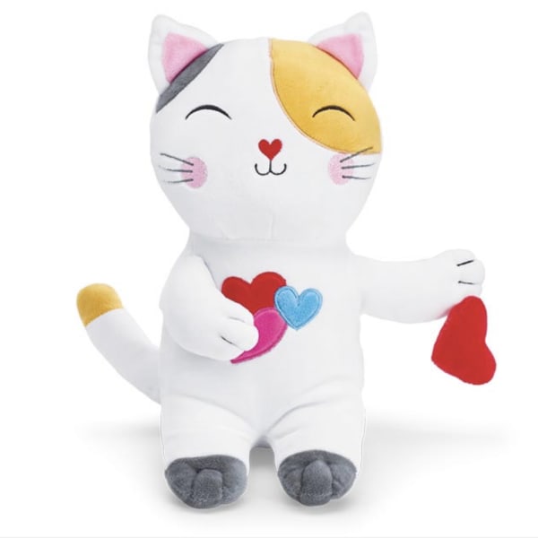 White plush cat toy with colorful heart accents and a red heart in its paw