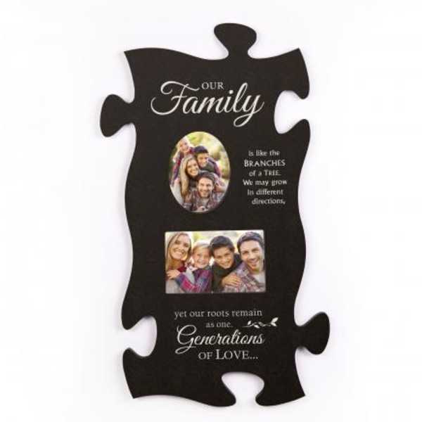 Black puzzle-piece wall plaque with family photos and white text