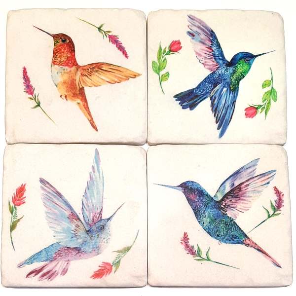 Four square coasters with watercolor hummingbirds and small flowers