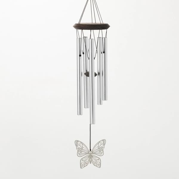 Silver wind chime with a butterfly pendant hanging below.