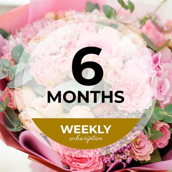 Pink rose bouquet with a weekly subscription label