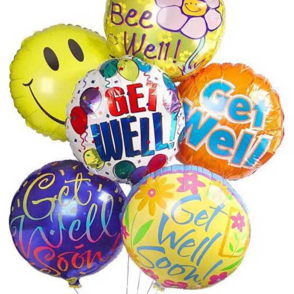 Cluster of colorful get-well balloons with smiley faces and floral graphics