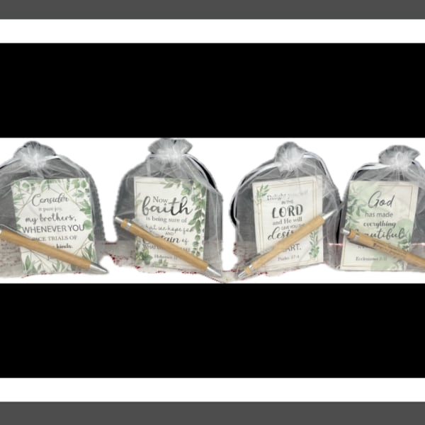 Four gift bags with inspirational cards and wooden pencils