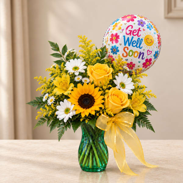 Yellow and white bouquet in a green vase with a get well soon balloon