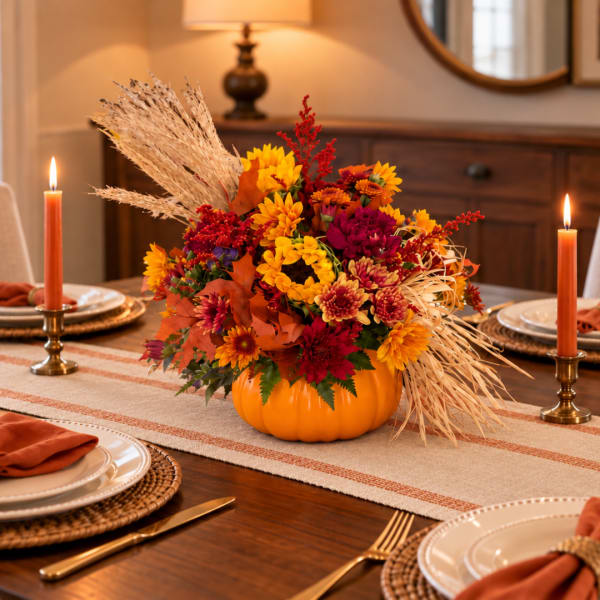 Fall floral arrangement in a pumpkin centerpiece with candles on a dining table