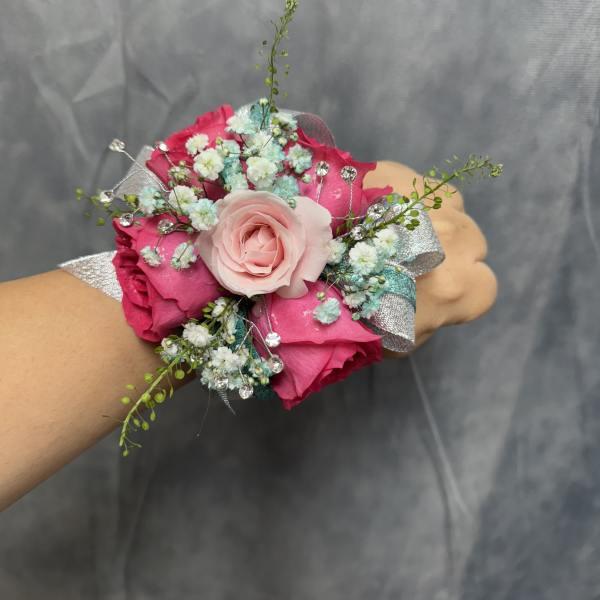 Silver Aqua and shades of pink Corsage