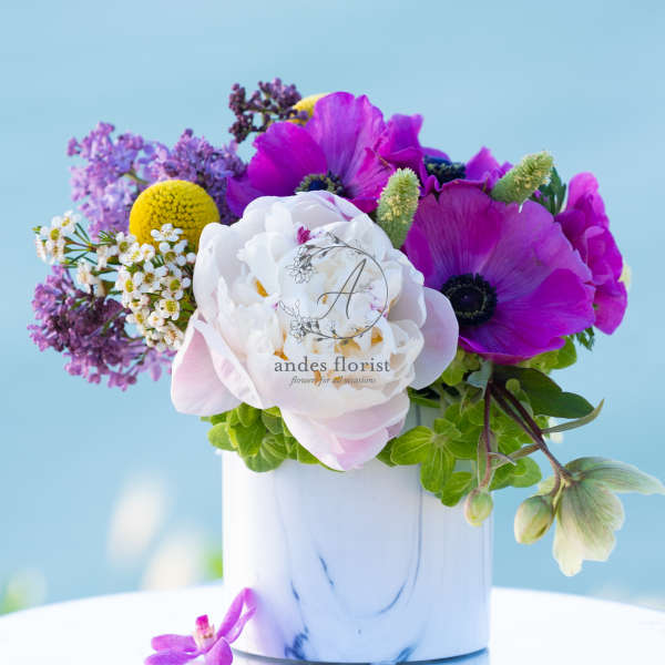 Purple and white flowers arranged in a white vase