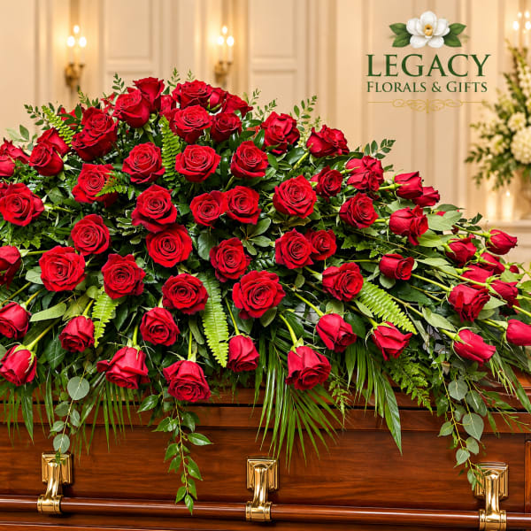 Large red rose casket spray on a wooden coffin