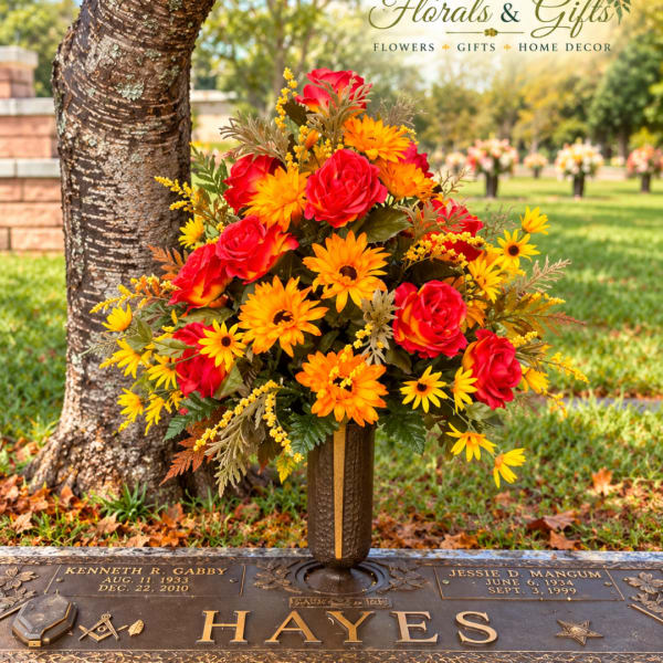 Bright red and yellow floral arrangement in a cemetery vase