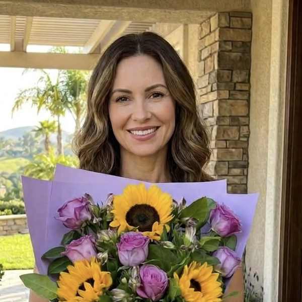 Bouquet of yellow sunflowers and lavender roses wrapped in purple paper