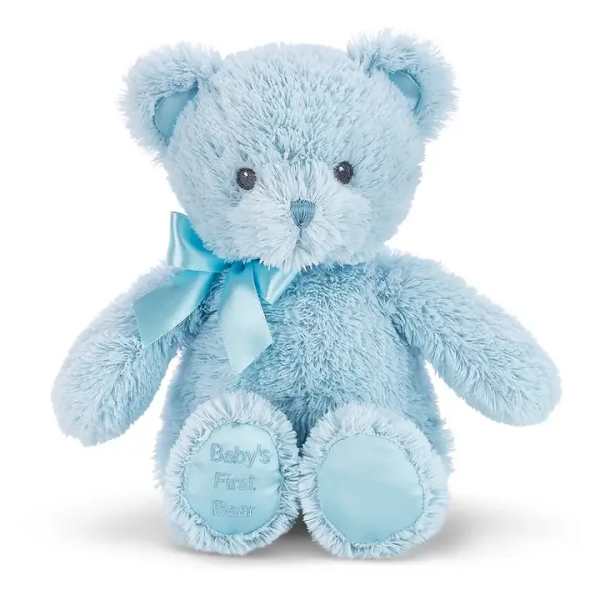 Light blue teddy bear with a satin bow and "Baby's First Bear" on its foot