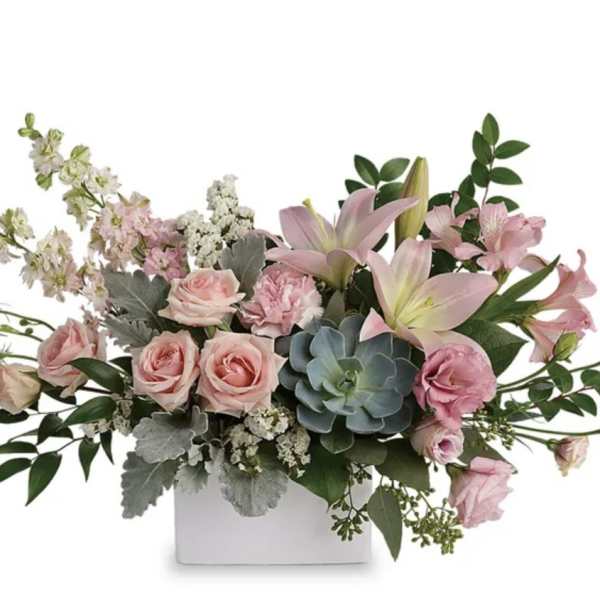 Pink roses and lilies in a white rectangular vase