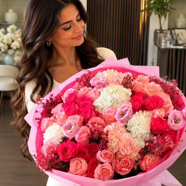 Woman holding a large bouquet of pink, peach, and white roses