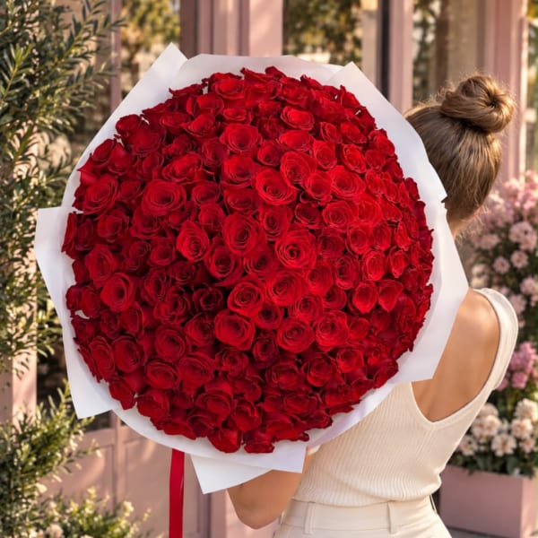 Large bouquet of red roses wrapped in white paper