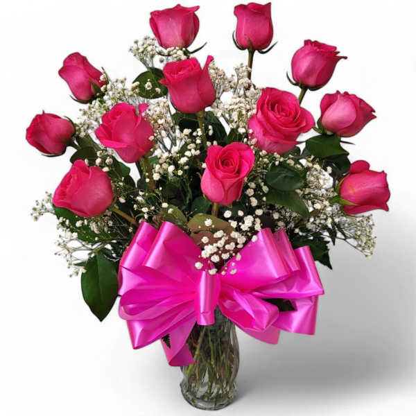 Premium Hot Pink Roses - One Dozen with Babies Breath and Bow