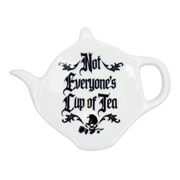 White teapot-shaped cup with black text reading Not Everyone's Cup of Tea