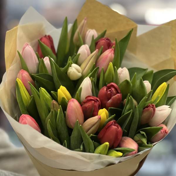 Bouquet of multicolored tulips wrapped in paper