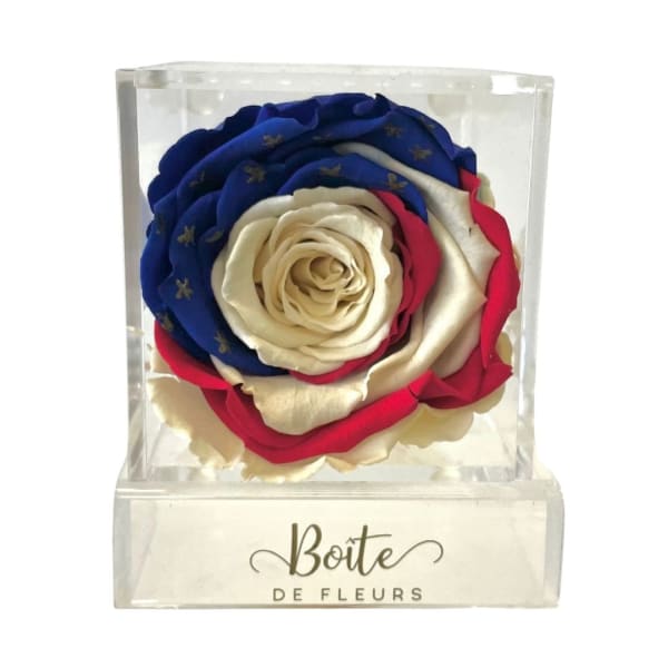 Red, white, and blue roses in a clear display box
