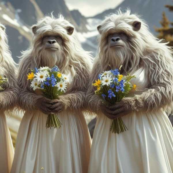 Three furry creatures in white dresses hold small wildflower bouquets.